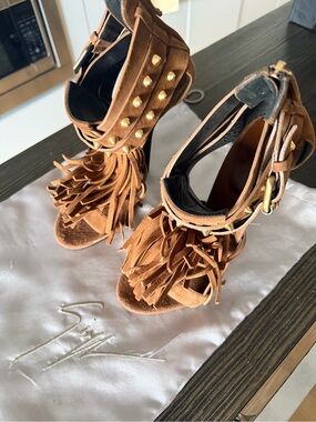 Giuseppe Zanotti Brown Suede Fringe Studded High Heels